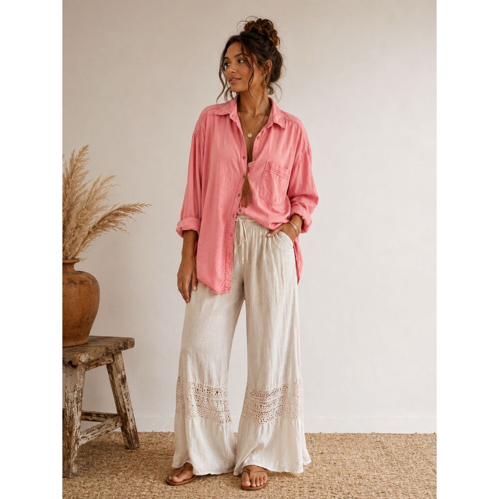 Free people pink long sleeve oversized boho. button down shirt size Large